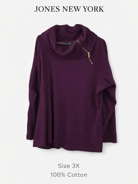 Jones New York Signature 3X Purple Cowl Neck Zip Accent Top 100% Cotton - Picture 1 of 8